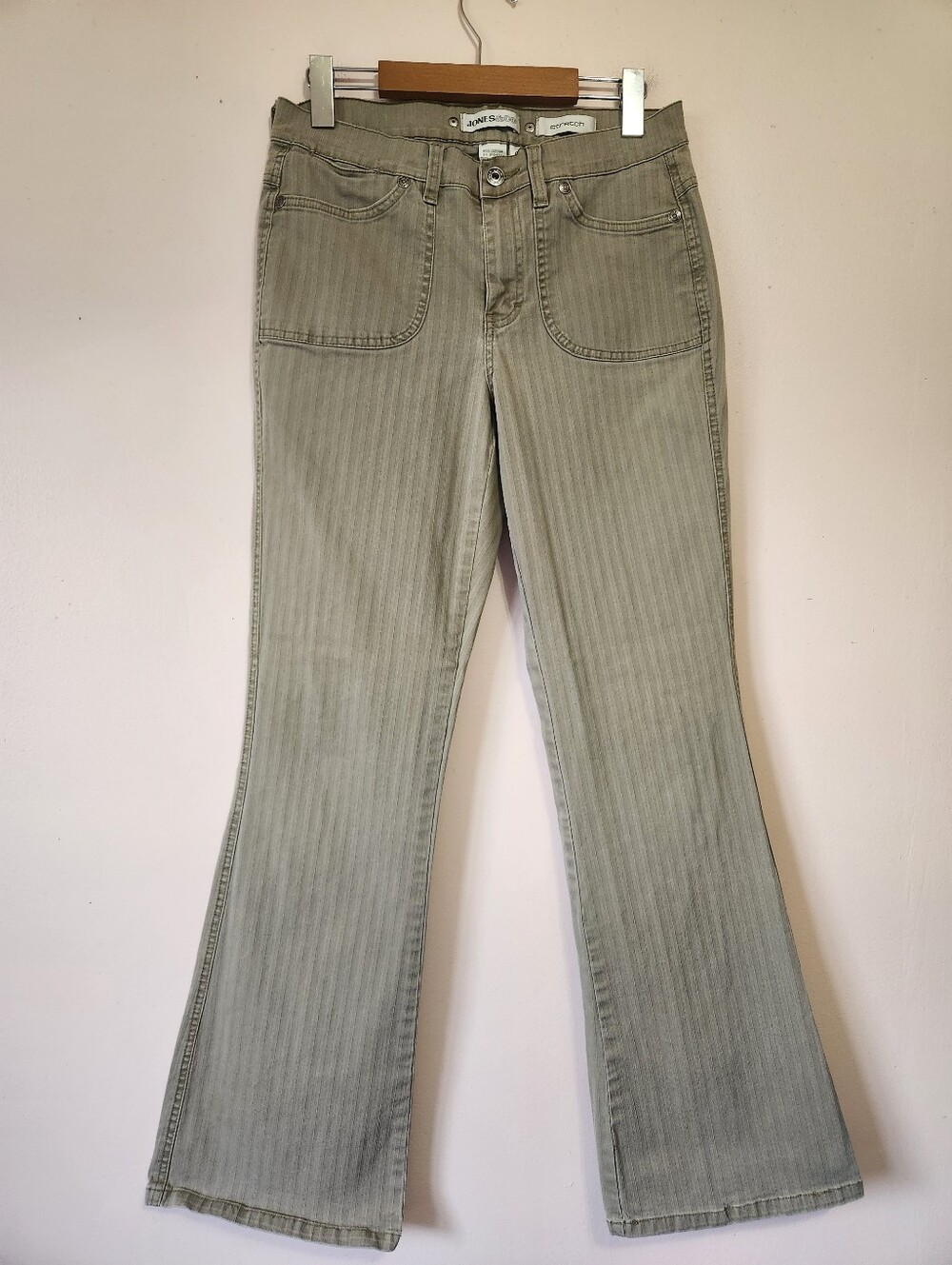 Y2K Jones & Co Tan Utility Flare Pants Zip Pockets Stretch Cargo Size 8 Vintage